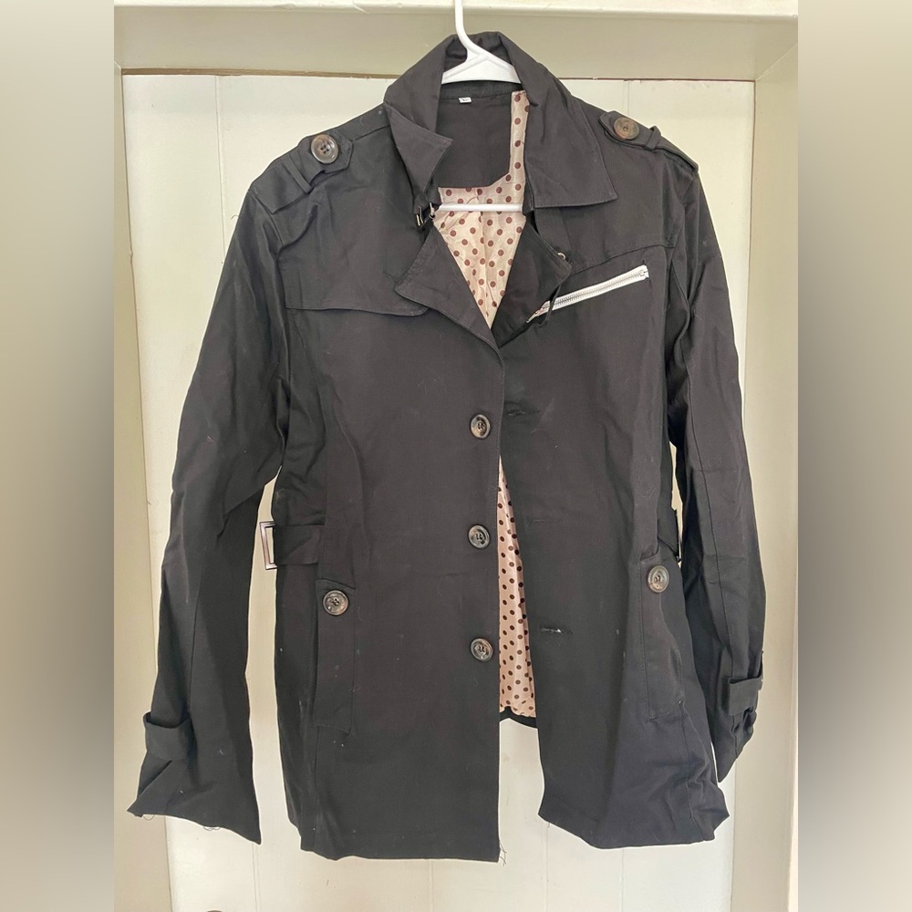 Women’s Black Trench Coat with Polka Dot Lining